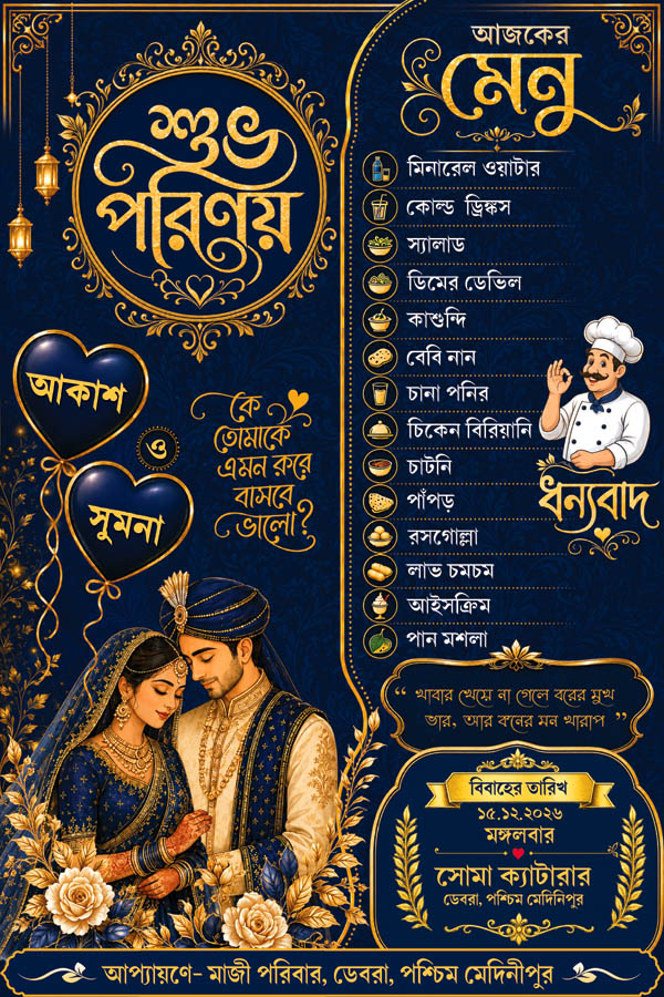 Golden Bengali Menu Card Psd 6x9in