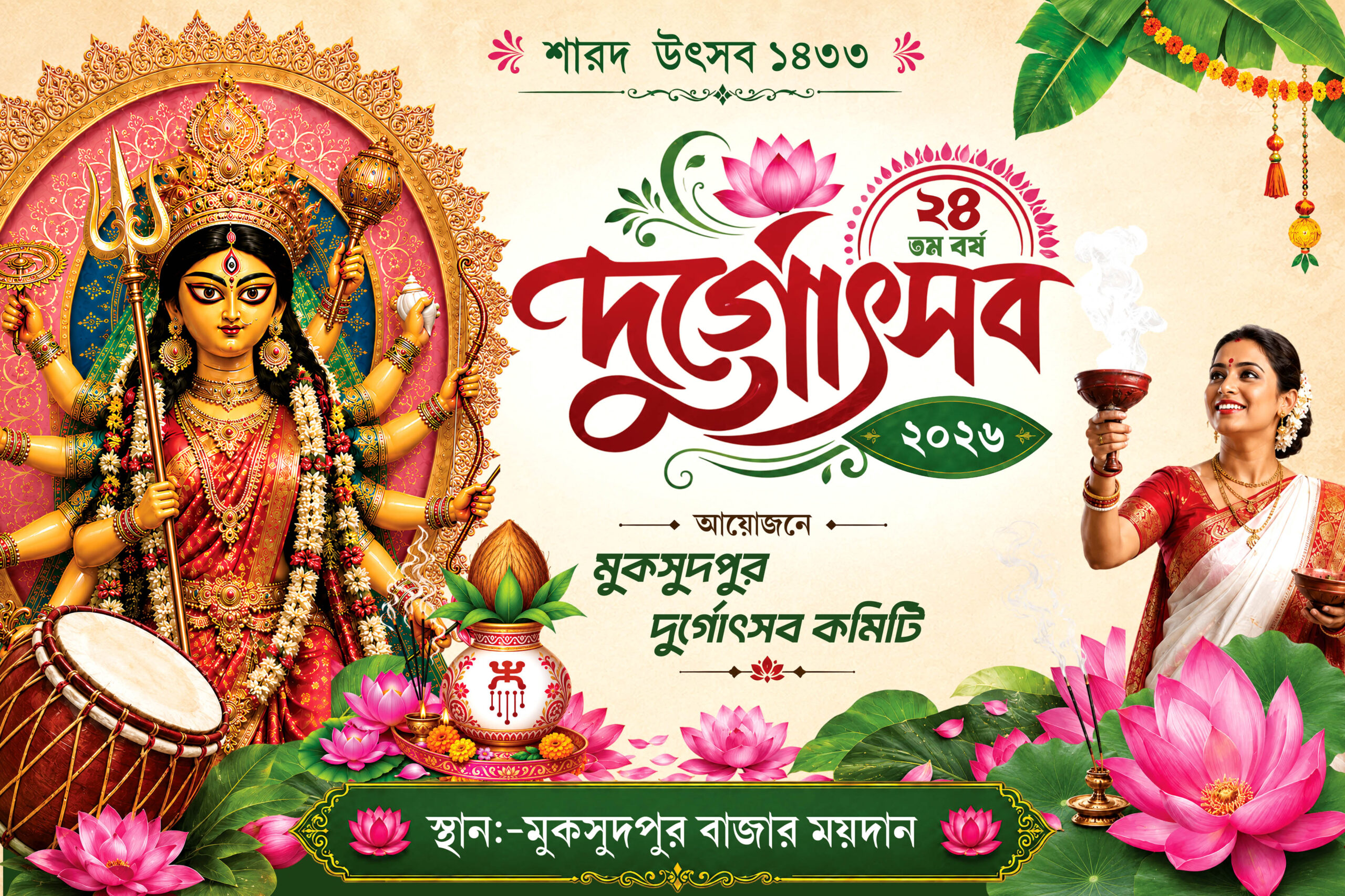 Durga Puja Banner PSD_6X4in Banner Durga Puja Banner PSD (6×4 Ft) | Bengali Festival Fex | Photoshop 7.0 - Image 1