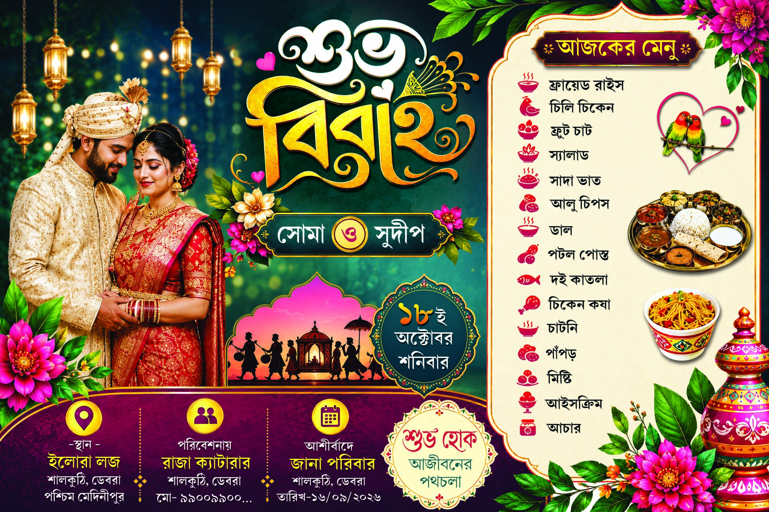 Wedding Bengali Menu Card psd design 6x9 Bengali Wedding Menu Card PSD | Editable Marriage Menu Design | Photoshop 7.0 | CMYK Print Ready - Image 1